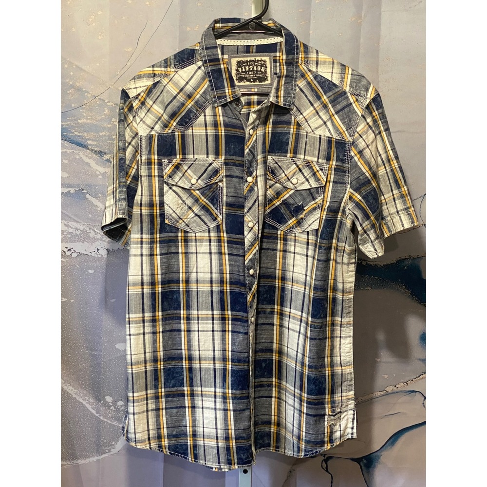 BKE Men's Large Plaid Pearl Snap Western Shirt Blue Yellow Cowboy